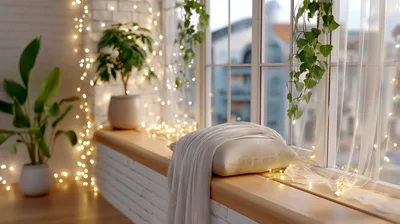 Cozy Window Seat With Fairy Lights And Potted Plants