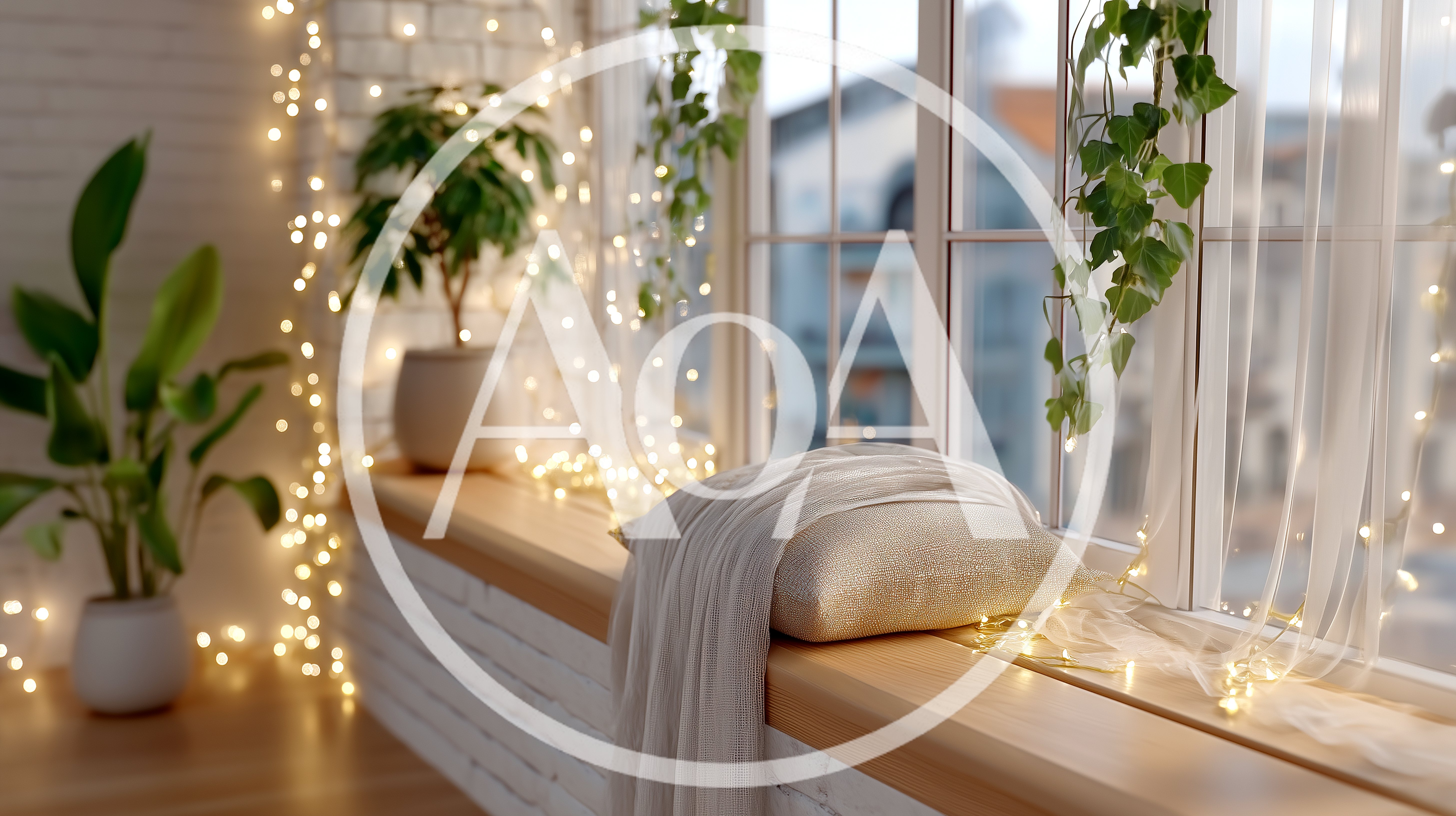 Cozy Window Seat With Fairy Lights And Potted Plants