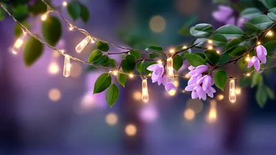 String Lights Hanging From Flowering Tree Branches