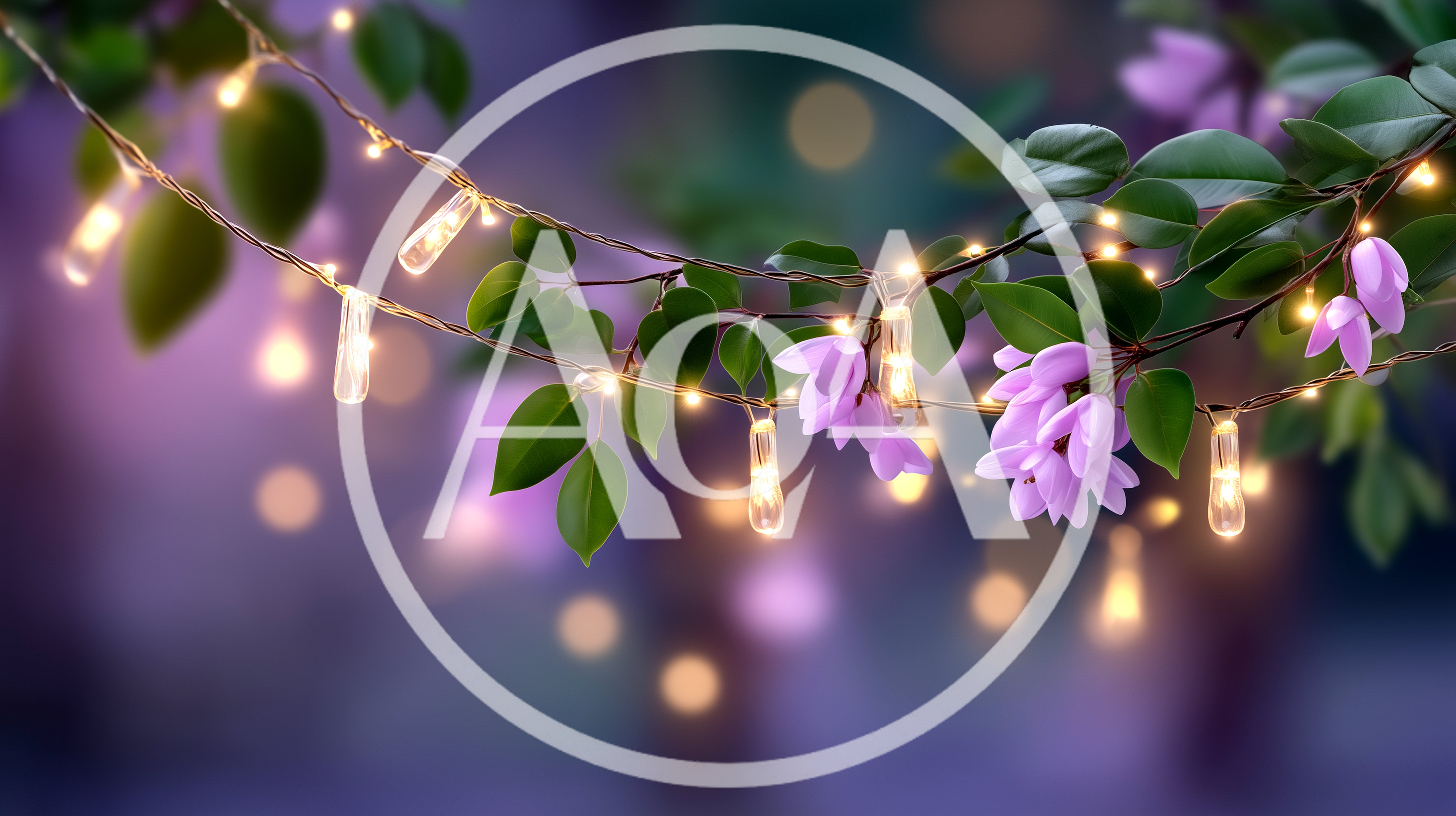 String Lights Hanging From Flowering Tree Branches