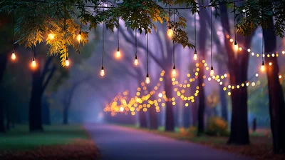 String Lights Hanging Over A Misty Forest Path