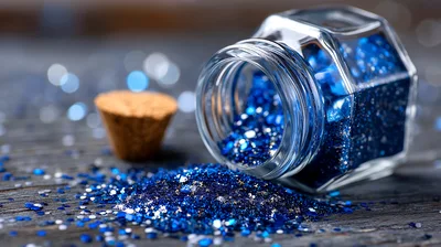 Blue Glitter Spilled From A Glass Jar