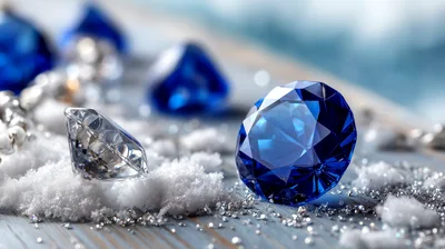Blue Sapphire And Diamond Gemstones On Snowy Surface