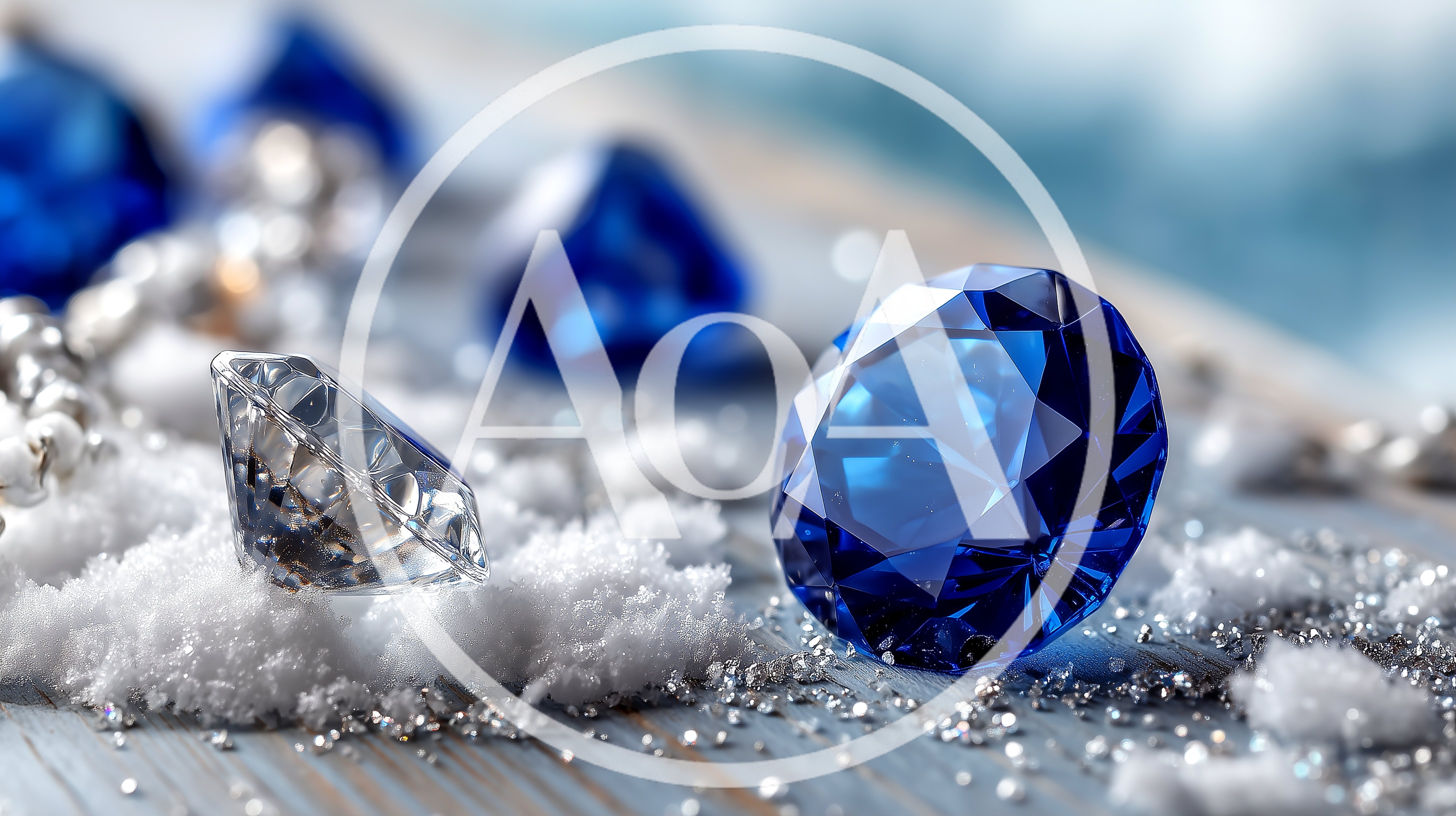 Blue Sapphire And Diamond Gemstones On Snowy Surface
