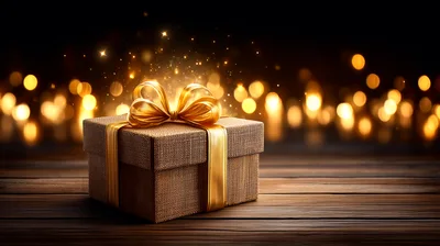 Gift Box With Golden Ribbon On Wooden Surface