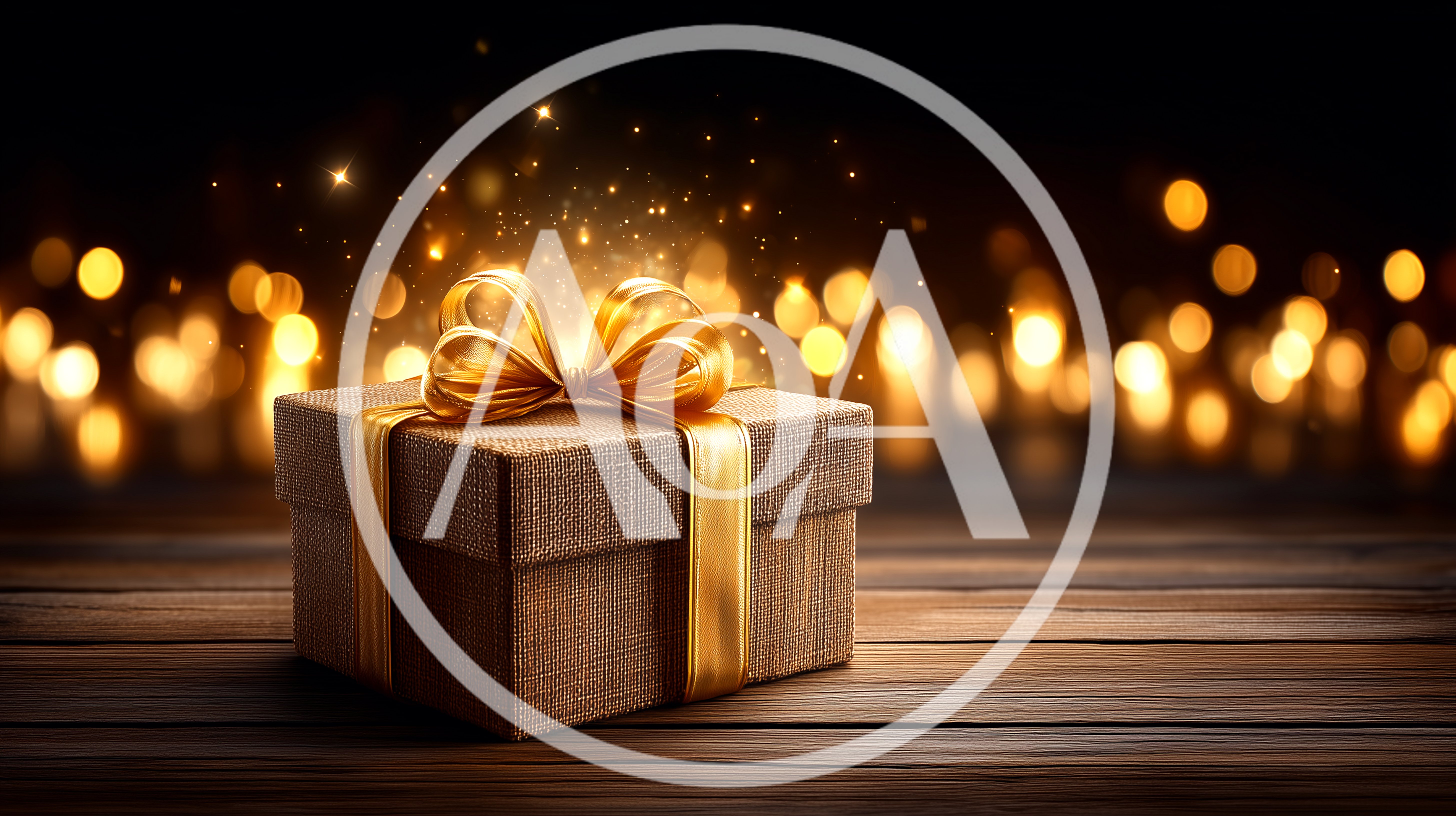 Gift Box With Golden Ribbon On Wooden Surface