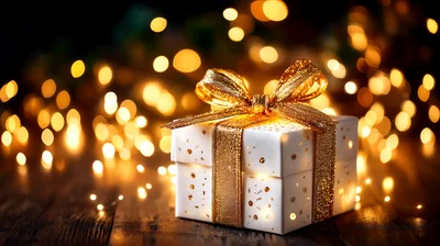 White Gift Box With Gold Ribbon And Bokeh Lights