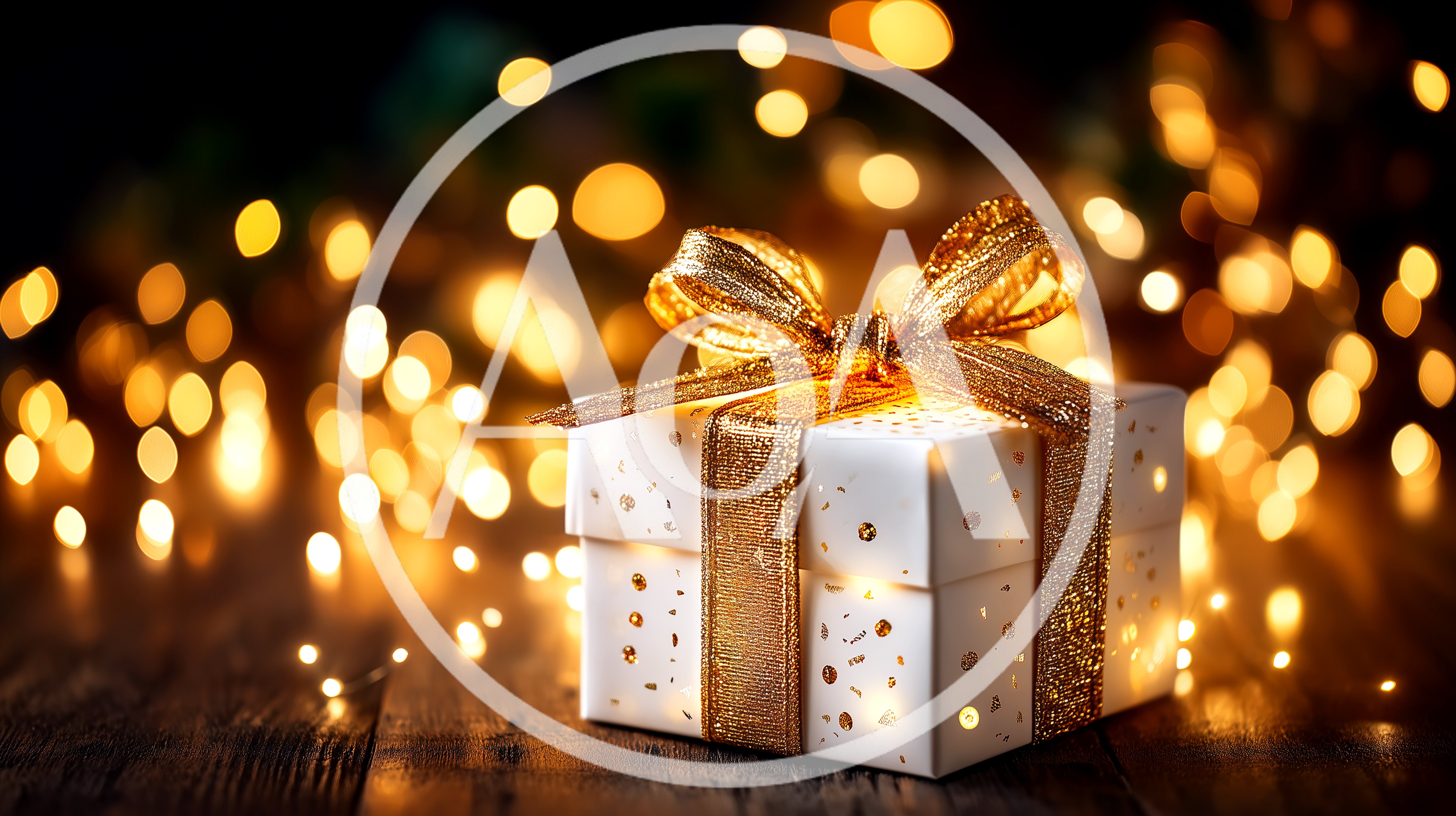 White Gift Box With Gold Ribbon And Bokeh Lights
