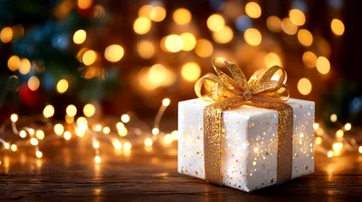 White Christmas Gift Box With Gold Ribbon