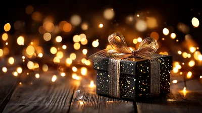 Black Gift Box With Gold Ribbon And Bokeh Lights