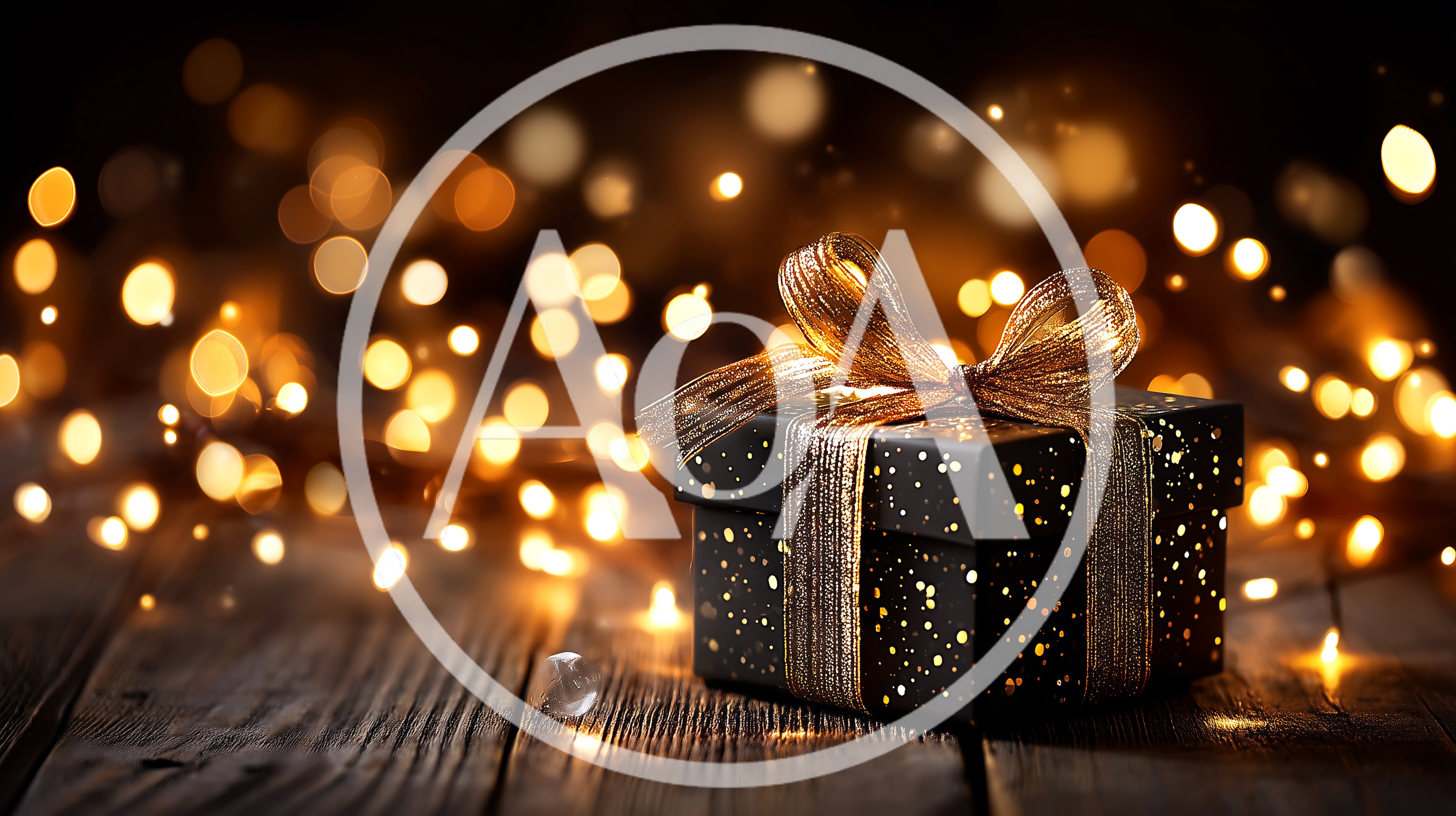 Black Gift Box With Gold Ribbon And Bokeh Lights