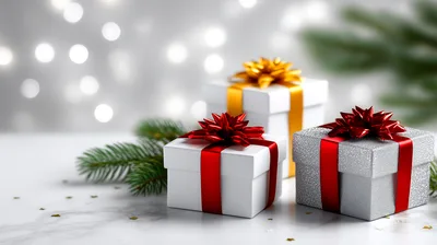 Three Christmas Gift Boxes With Ribbons On Marble