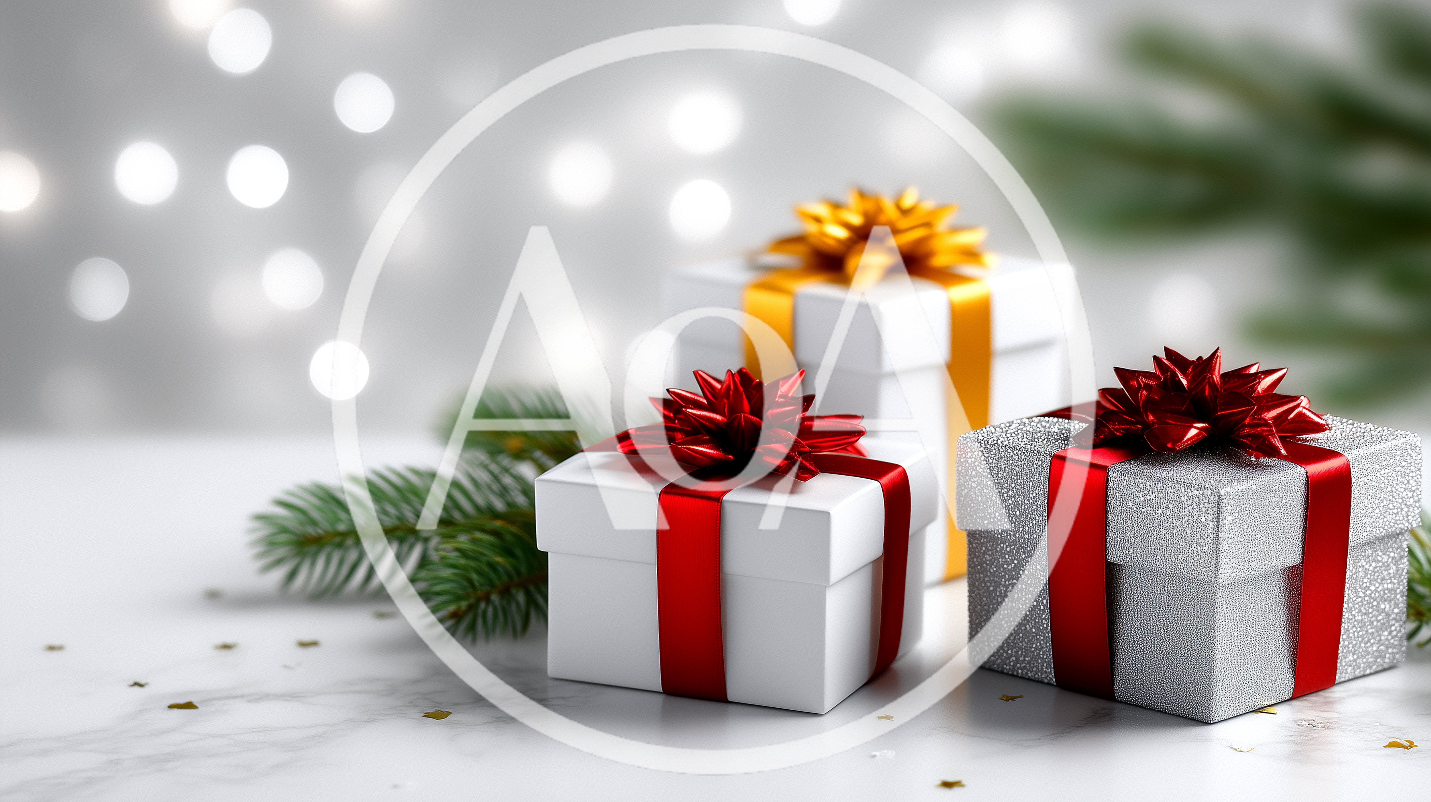Three Christmas Gift Boxes With Ribbons On Marble