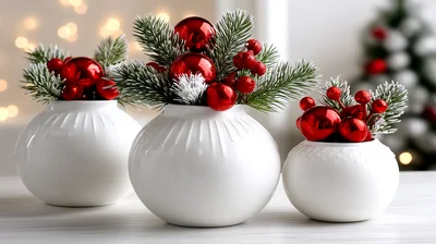 Three White Ceramic Vases With Christmas Decorations