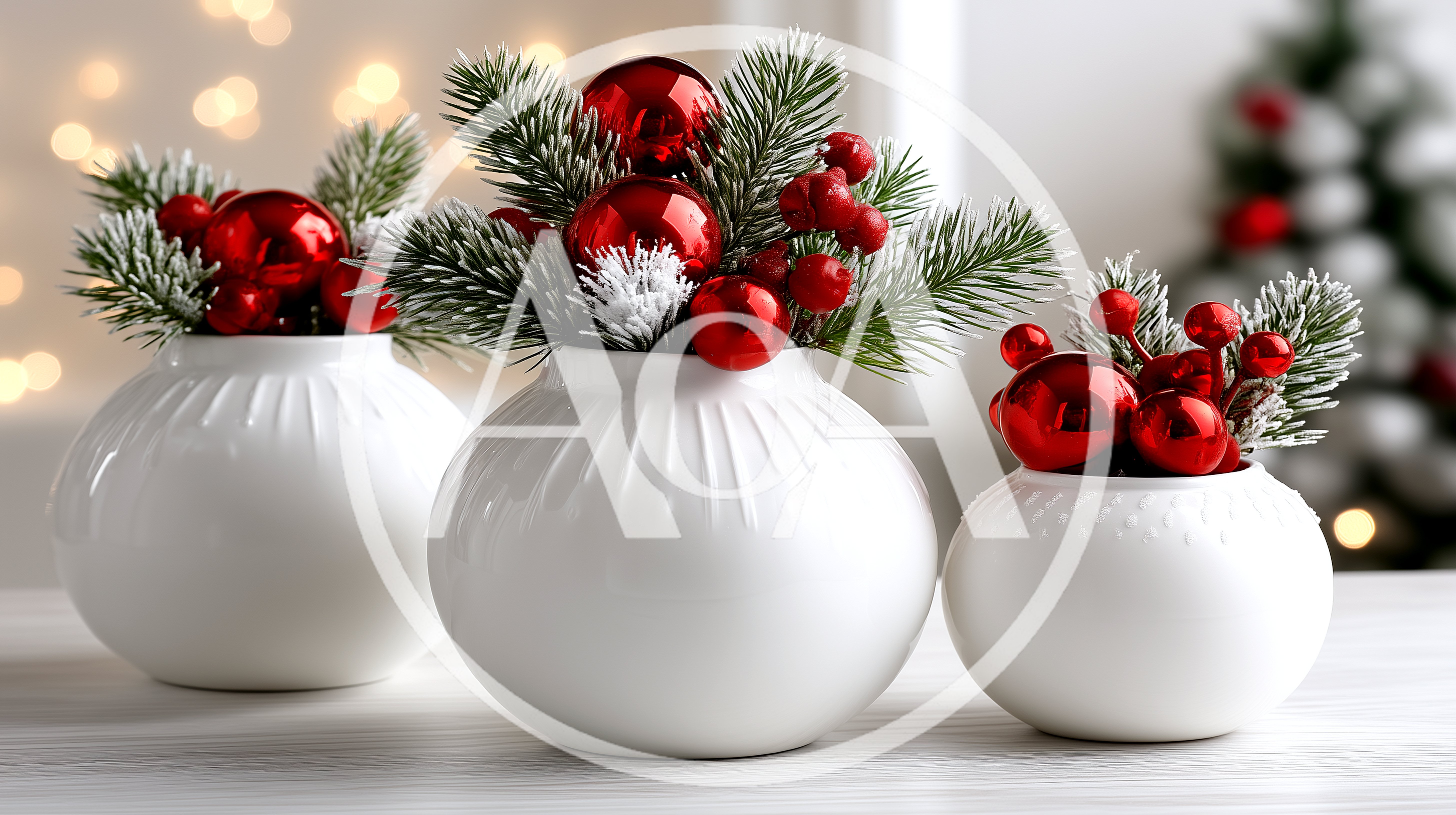 Three White Ceramic Vases With Christmas Decorations