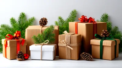 Christmas Gift Boxes With Pine Branches And Cones