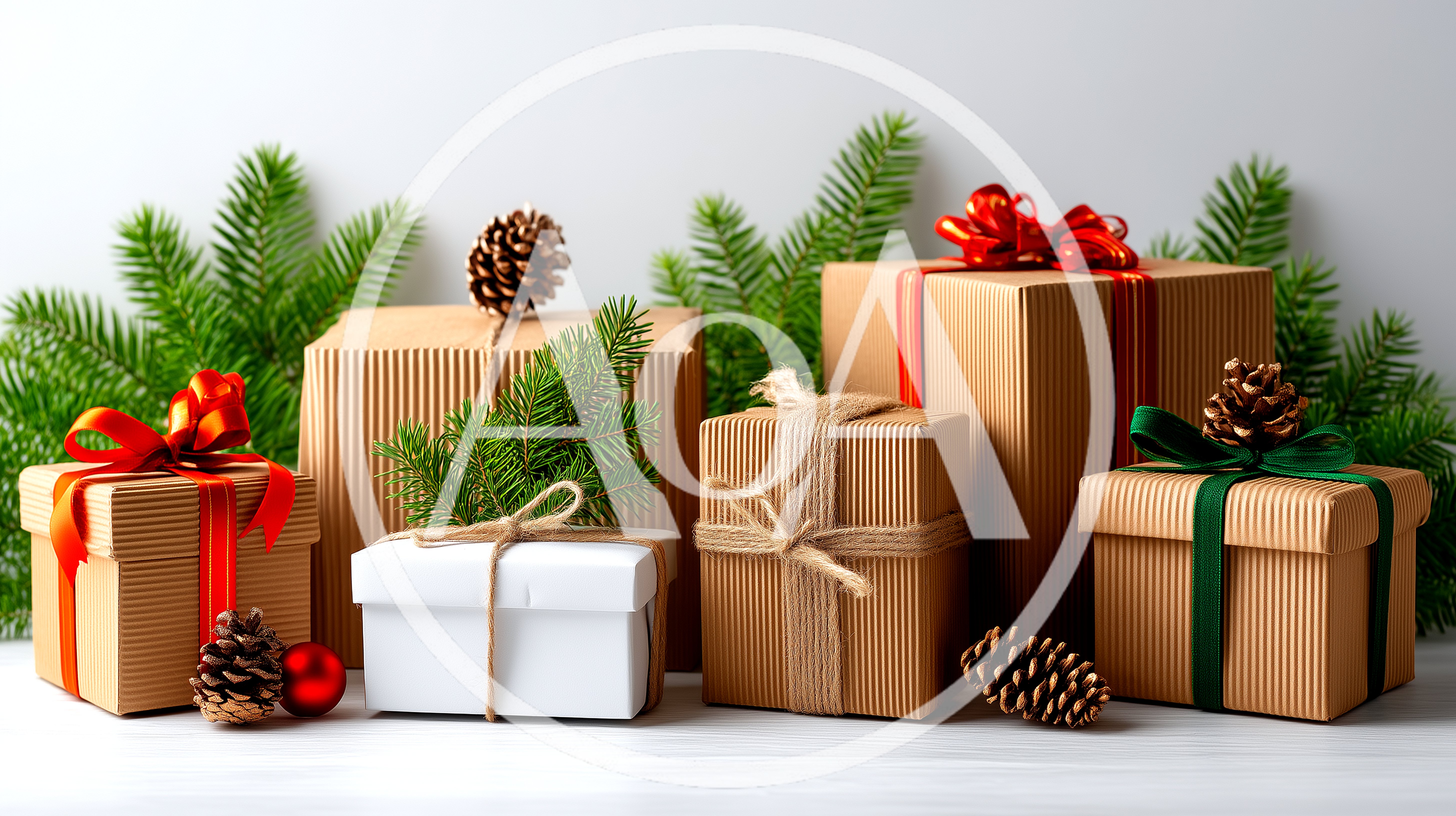 Christmas Gift Boxes With Pine Branches And Cones