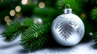 Silver Christmas Ornament With Pine Branches