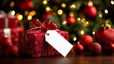 Red Christmas Gift Box With Blank Tag