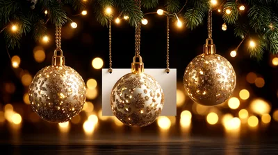 Three Golden Christmas Ornaments Hanging With Bokeh Lights