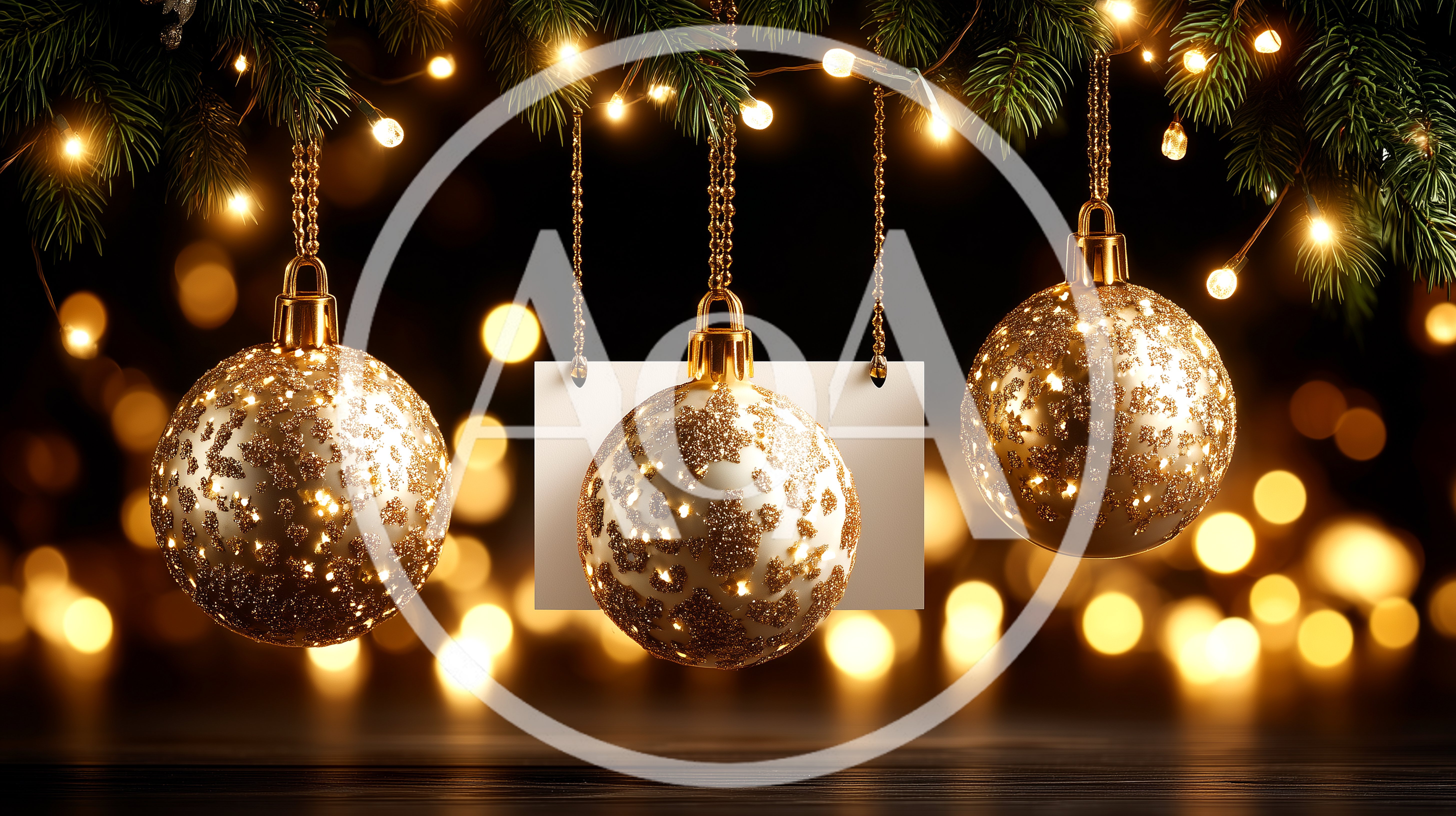 Three Golden Christmas Ornaments Hanging With Bokeh Lights