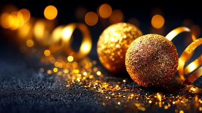 Golden Glittering Christmas Ornaments With Curled Ribbons