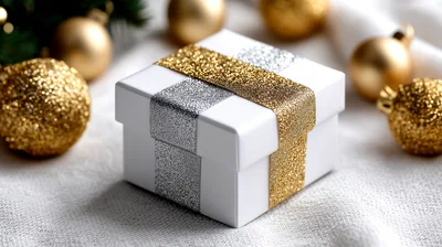 White Gift Box With Gold And Silver Glitter Ribbons