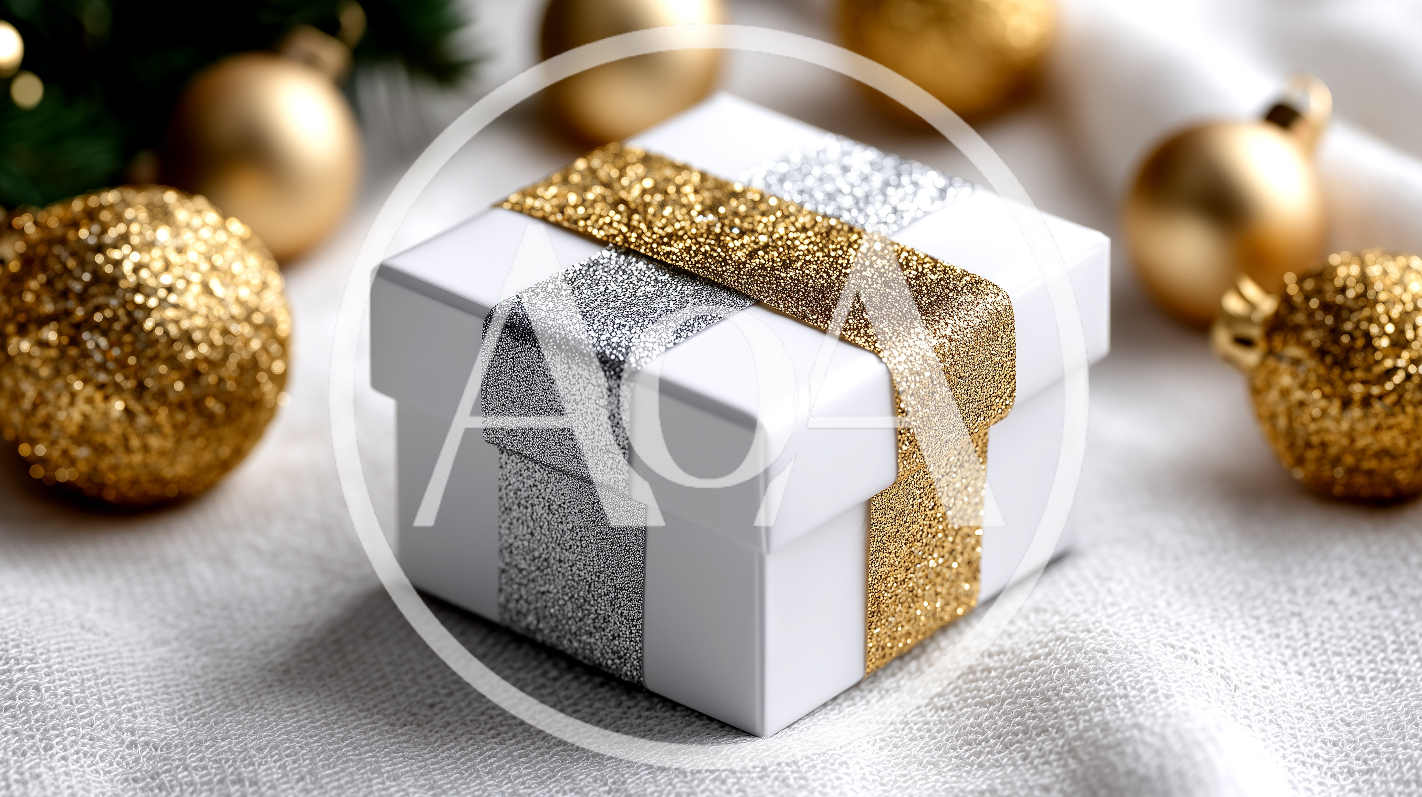 White Gift Box With Gold And Silver Glitter Ribbons