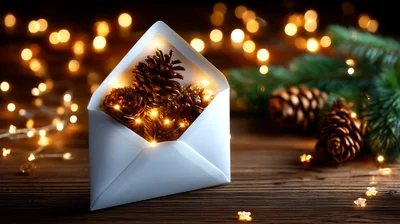 Pine Cones Inside A White Envelope With Fairy Lights