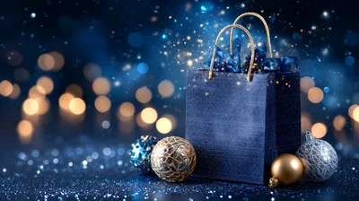 Blue Gift Bag With Christmas Ornaments And Bokeh Lights