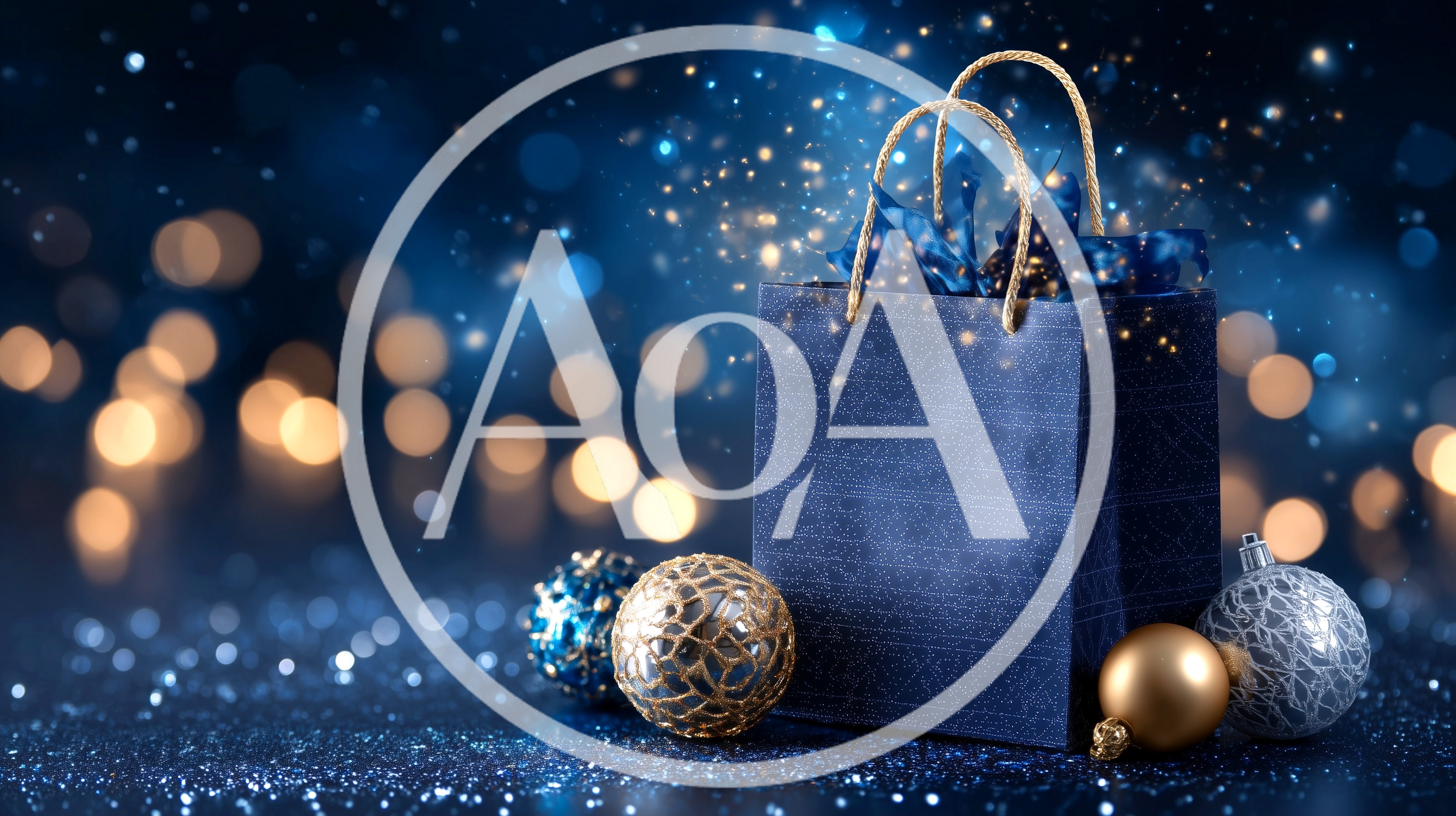 Blue Gift Bag With Christmas Ornaments And Bokeh Lights
