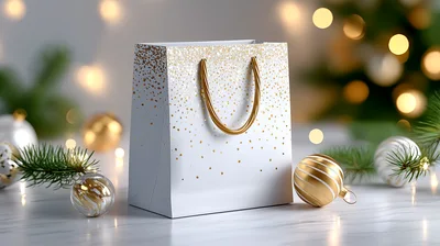 White Gift Bag With Gold Glitter And Christmas Ornaments