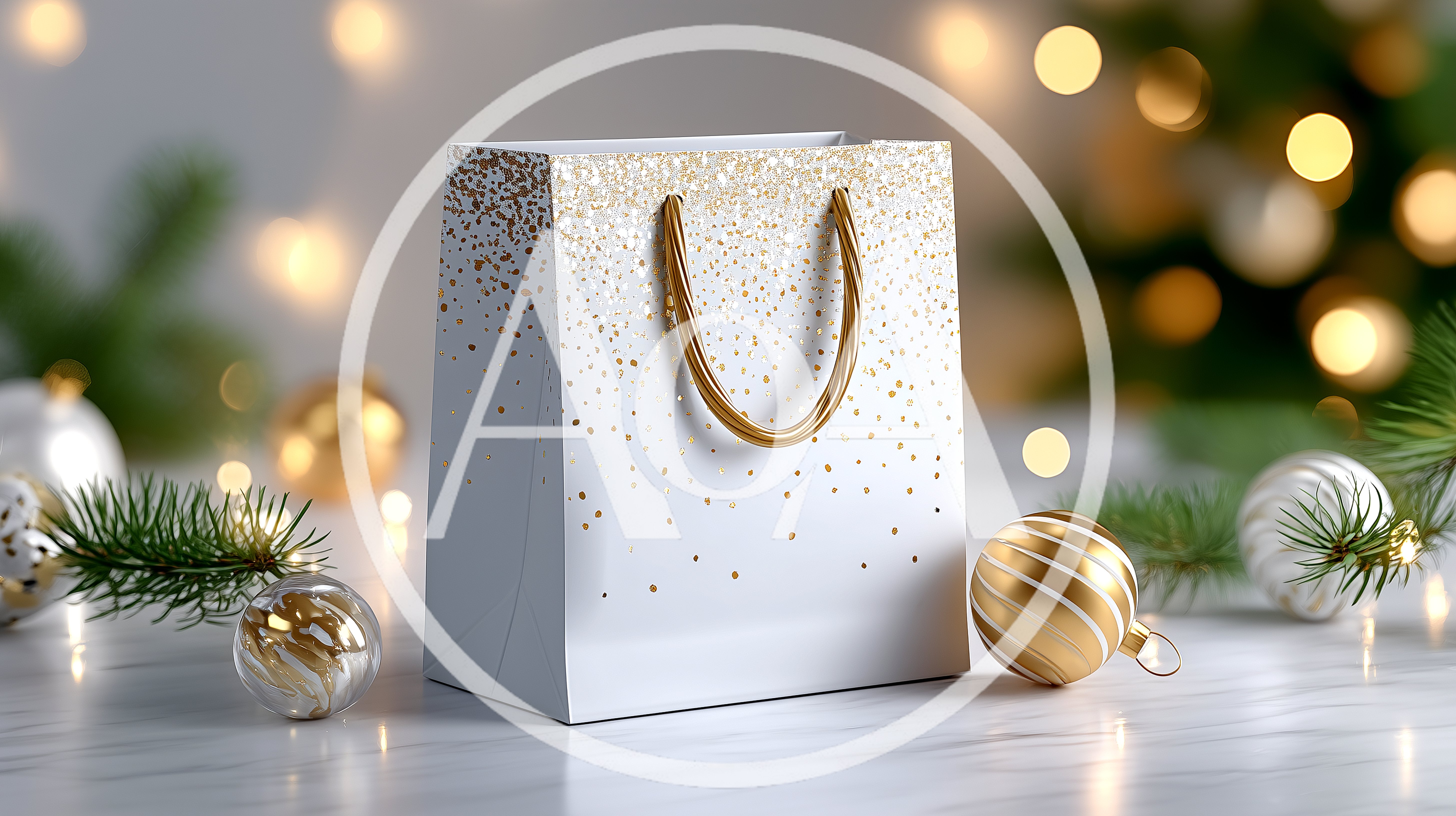White Gift Bag With Gold Glitter And Christmas Ornaments