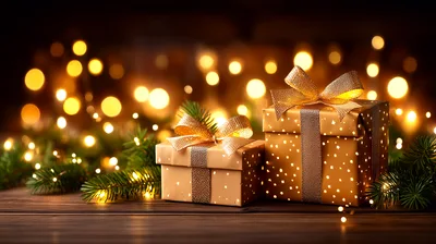 Two Golden Christmas Gift Boxes With Bokeh Lights