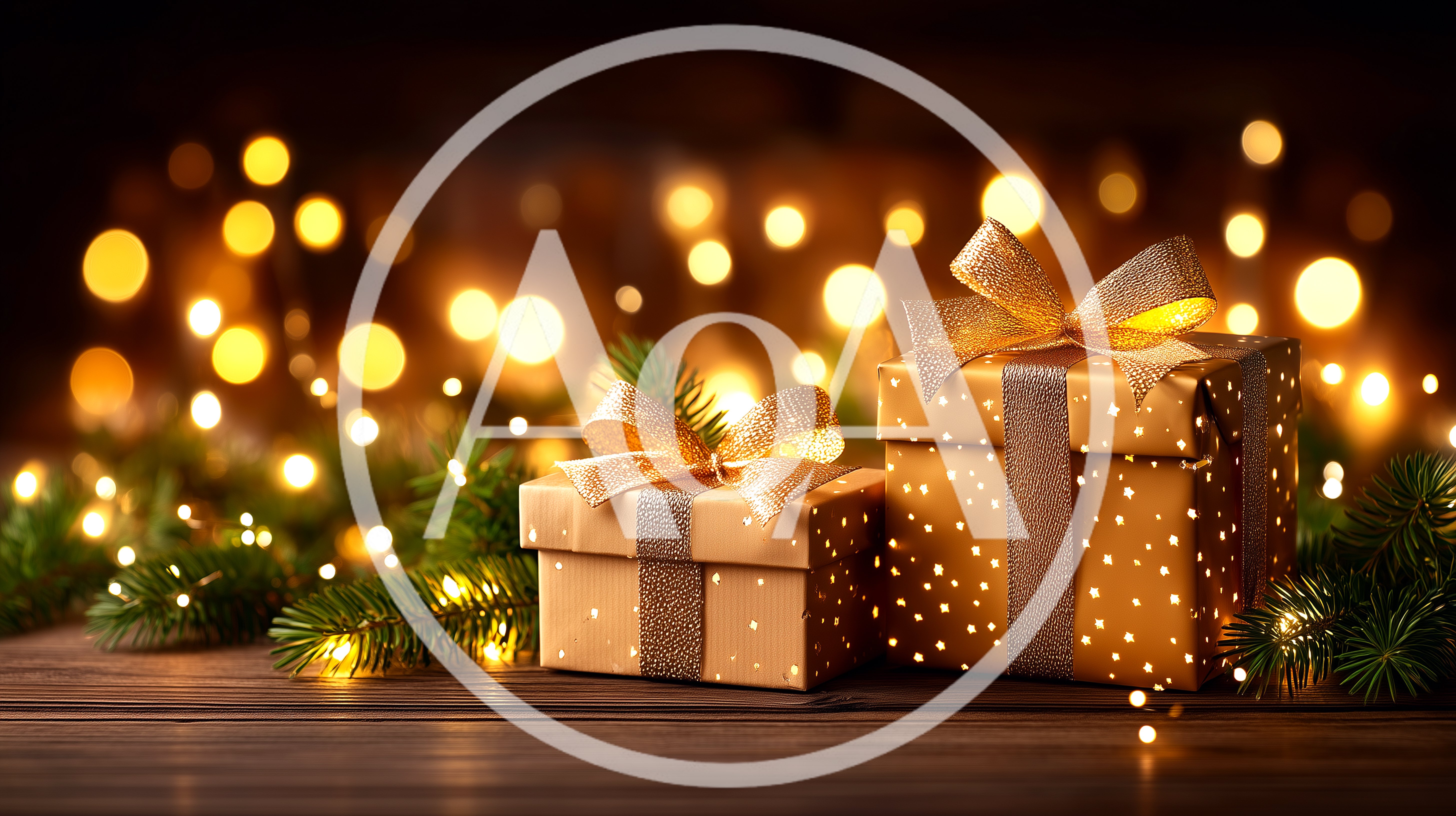 Two Golden Christmas Gift Boxes With Bokeh Lights