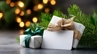 Christmas Gift Boxes With Blank Card And Pine Branches