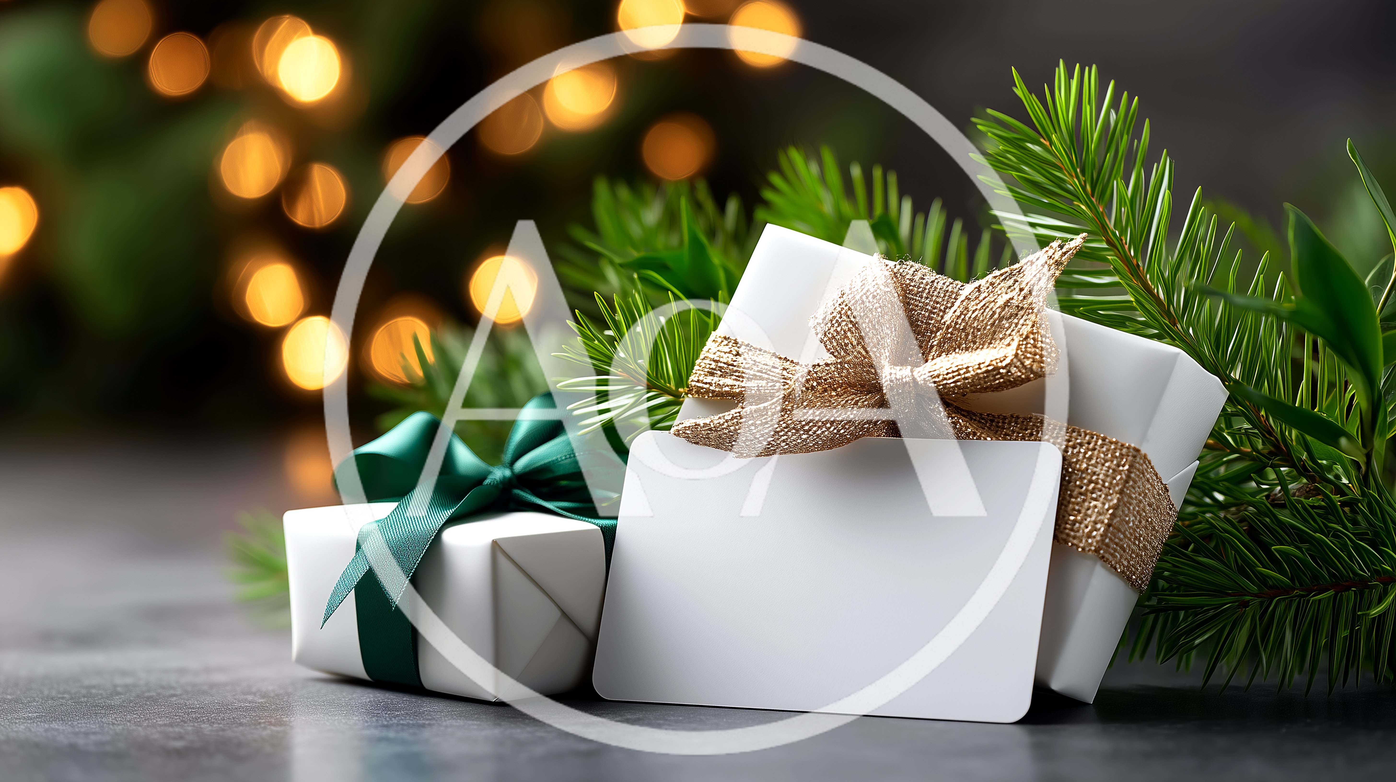Christmas Gift Boxes With Blank Card And Pine Branches