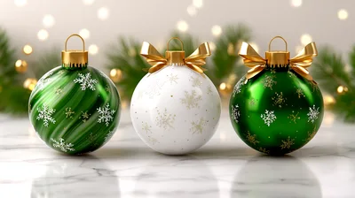 Three Decorative Christmas Ornaments On Marble Surface