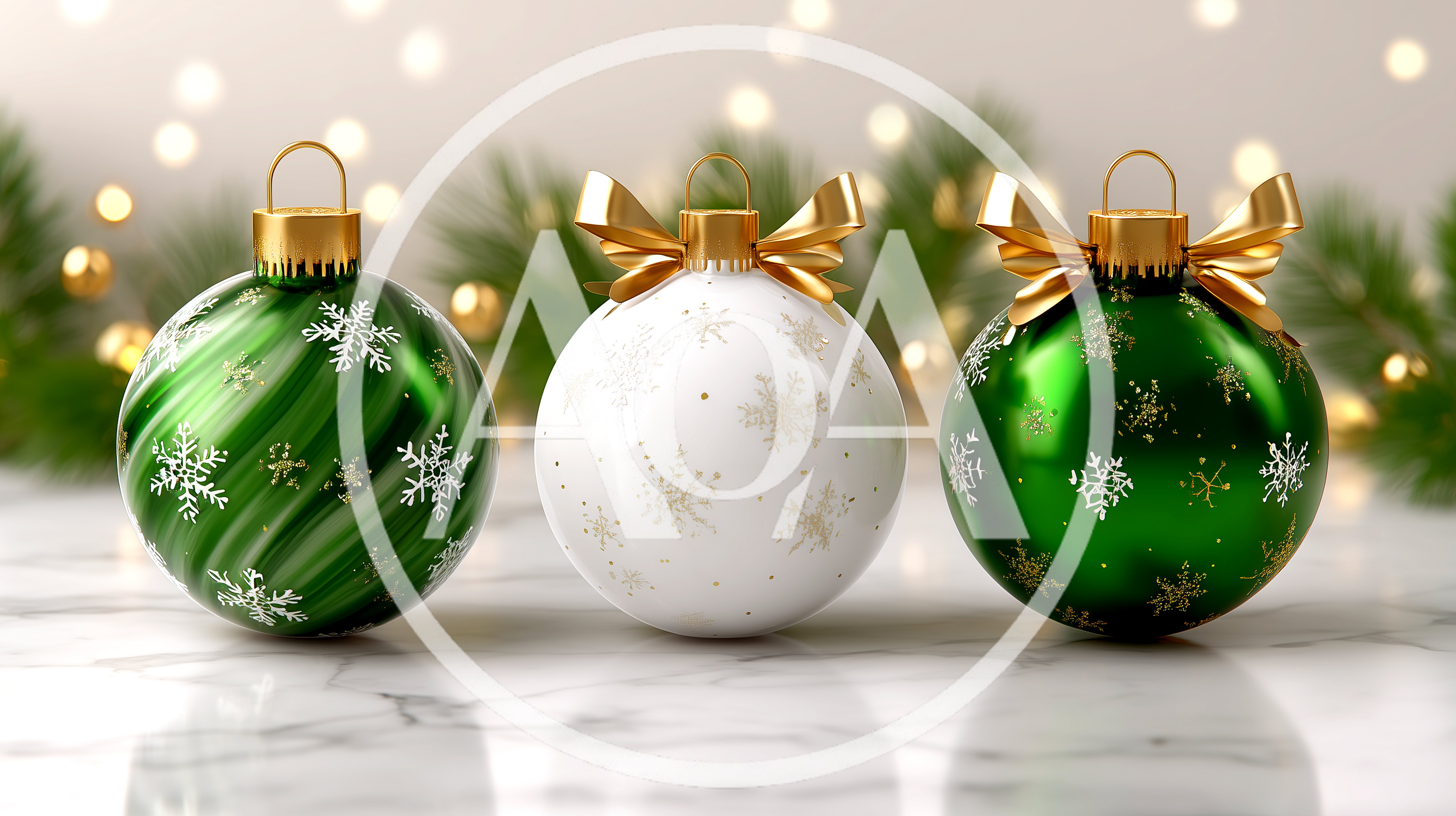 Three Decorative Christmas Ornaments On Marble Surface