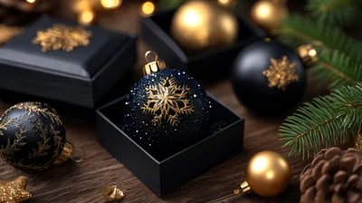 Christmas Ornaments In Black Gift Boxes On Wooden Table