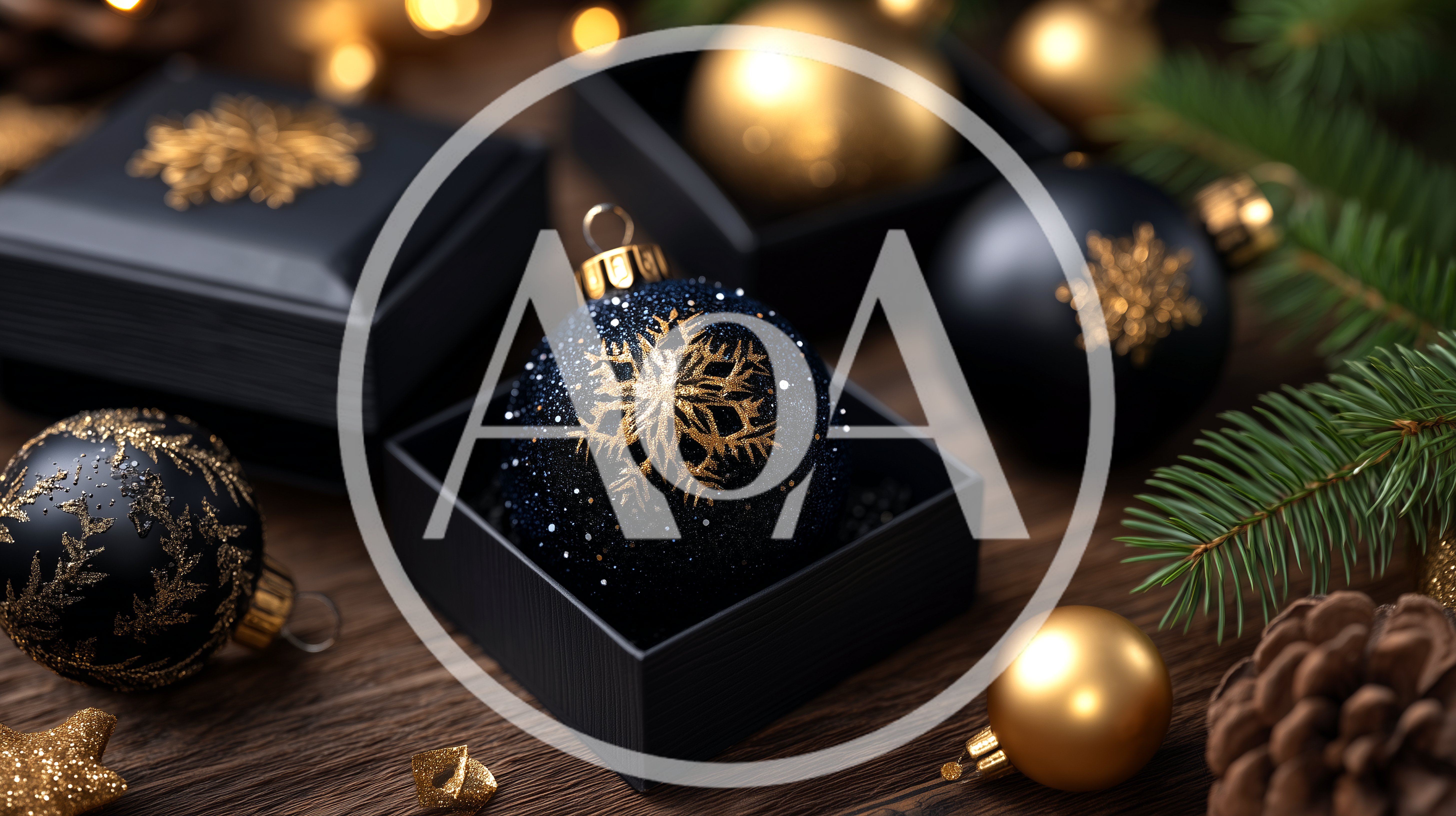Christmas Ornaments In Black Gift Boxes On Wooden Table