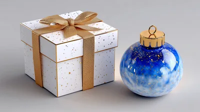 White Gift Box And Blue Christmas Ornament