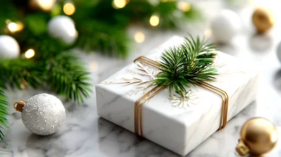 Elegant Christmas Gift Box With Pine And Ornaments