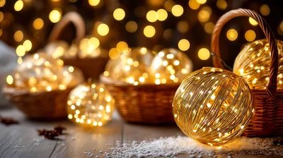 Glowing Christmas Ornaments In Wicker Baskets
