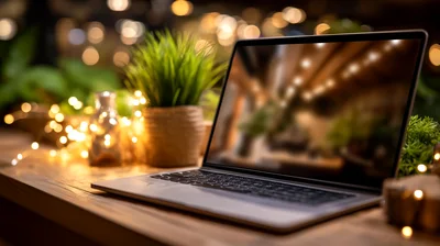 Laptop Computer On A Desk With Fairy Lights