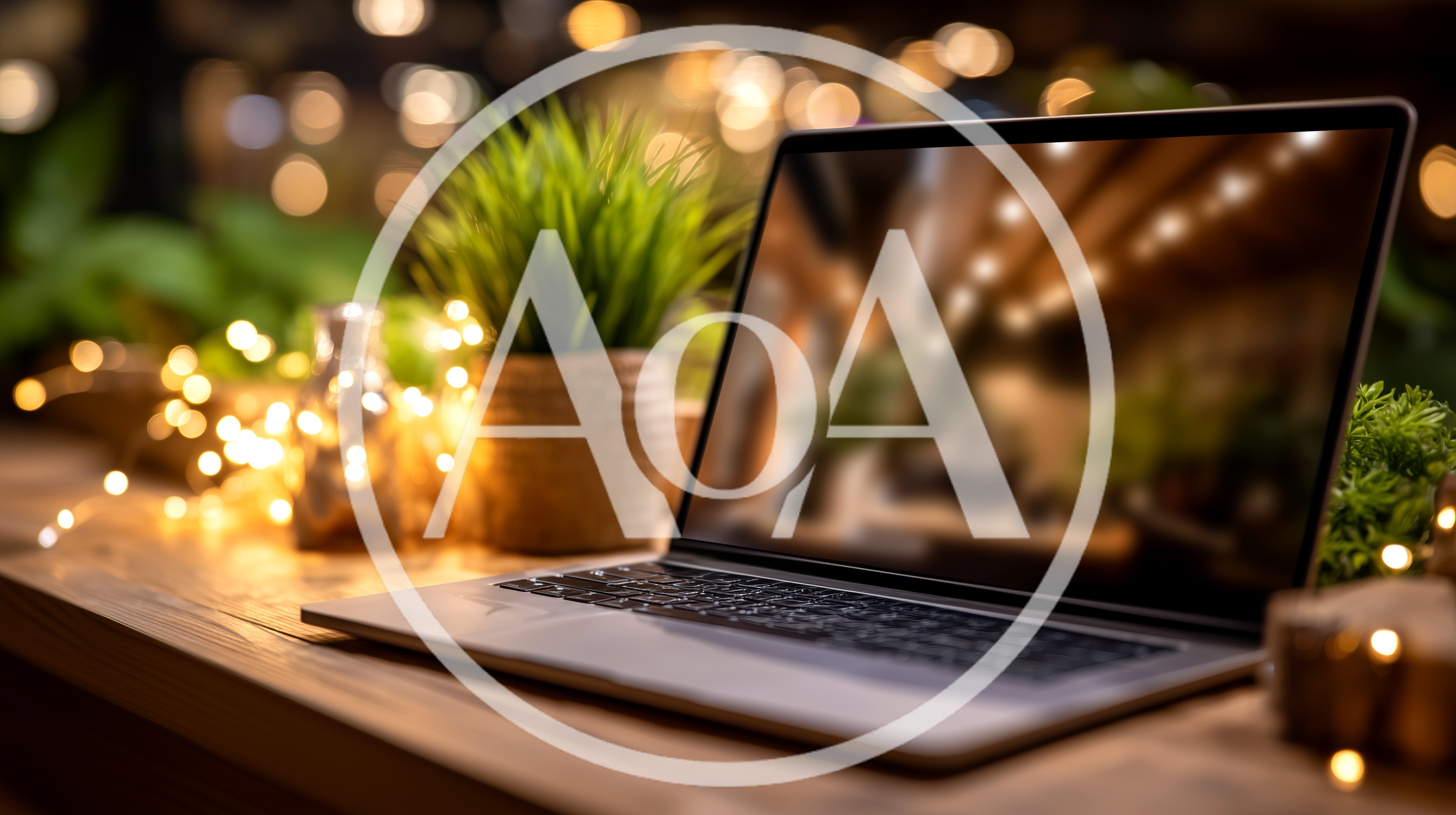 Laptop Computer On A Desk With Fairy Lights