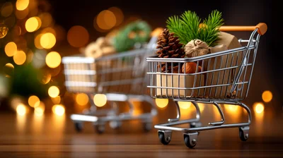 Miniature Shopping Carts Filled With Christmas Decorations