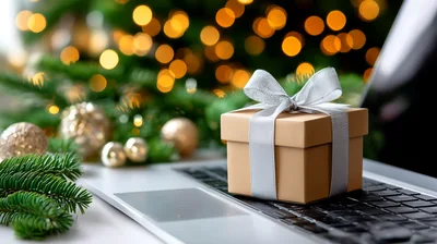Gift Box With Silver Ribbon On Laptop Keyboard