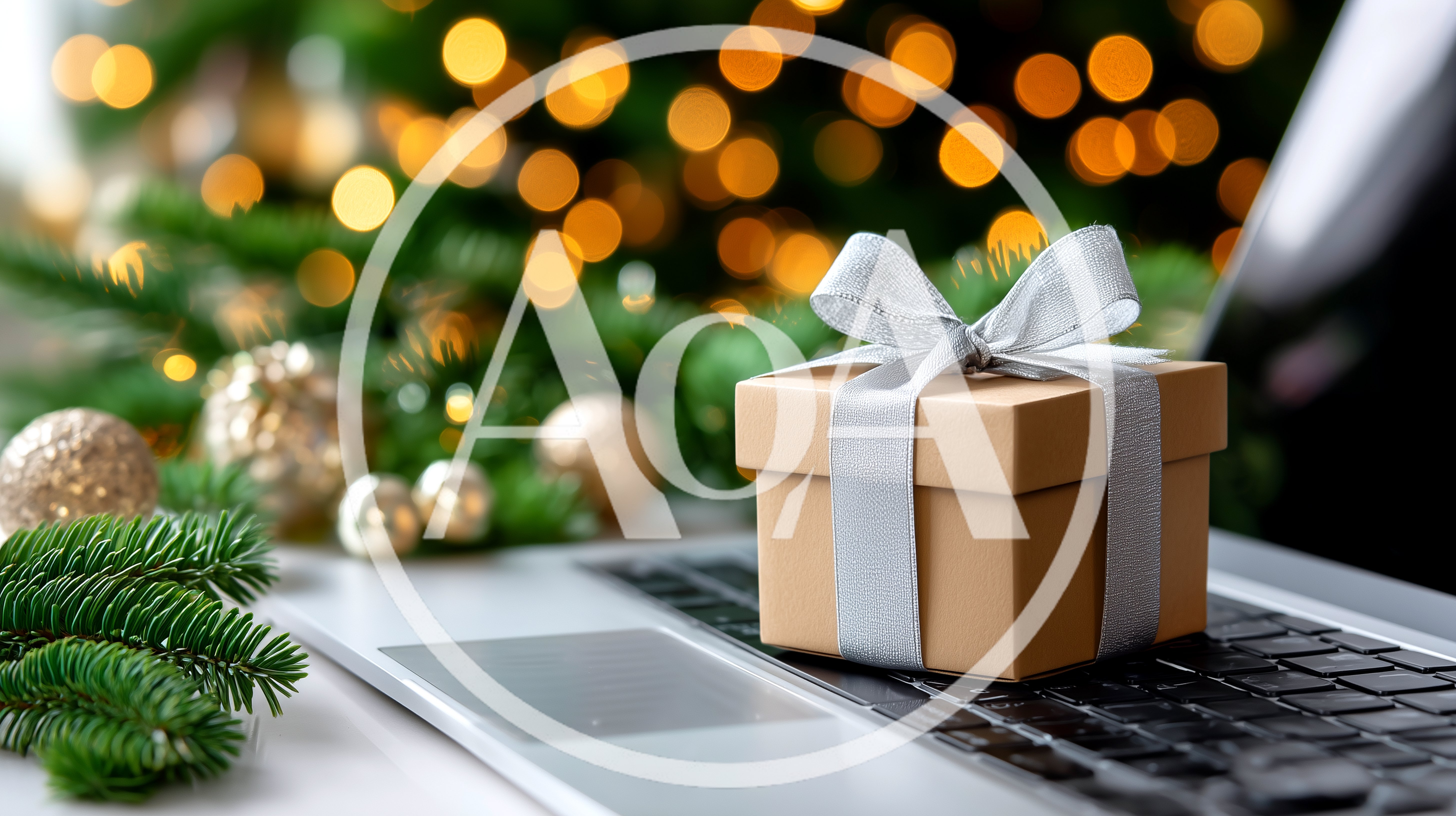 Gift Box With Silver Ribbon On Laptop Keyboard