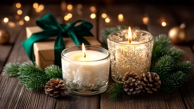 Christmas Candles With Gift Box And Pine Cones